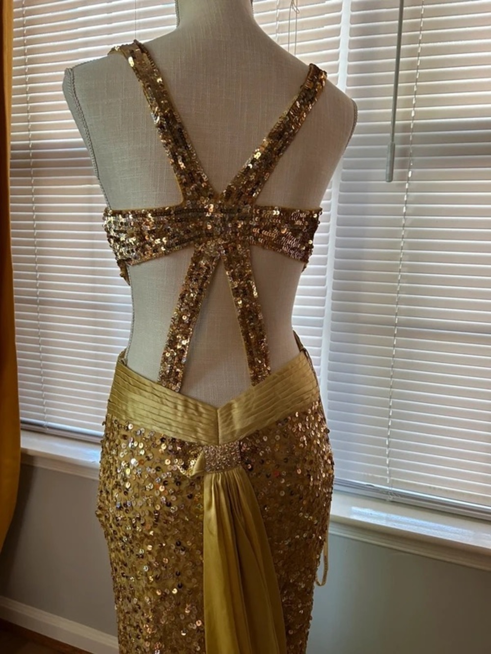 Precious Formals Gold Sequin Cross-Back Prom Dress